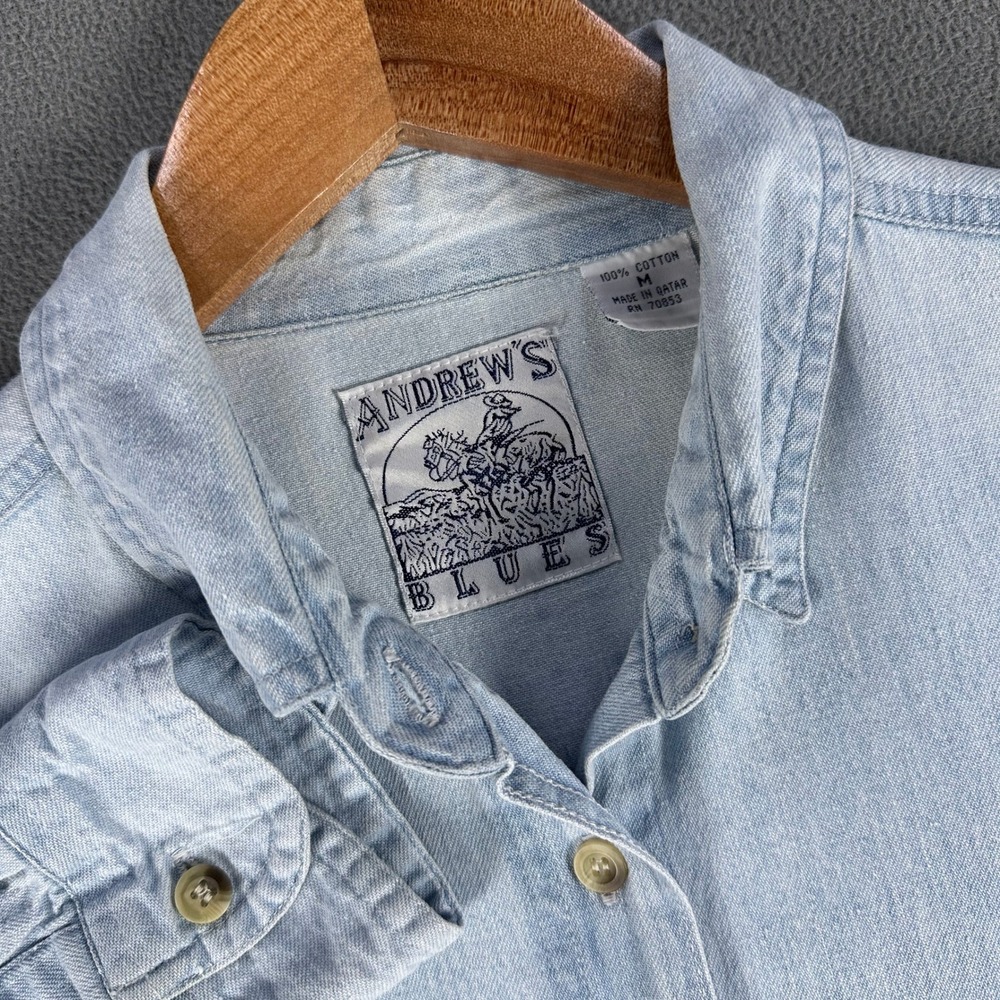 Andrews Blues Shirt Medium Blue Light Wash Denim Vintage Western Cowboy 90s
